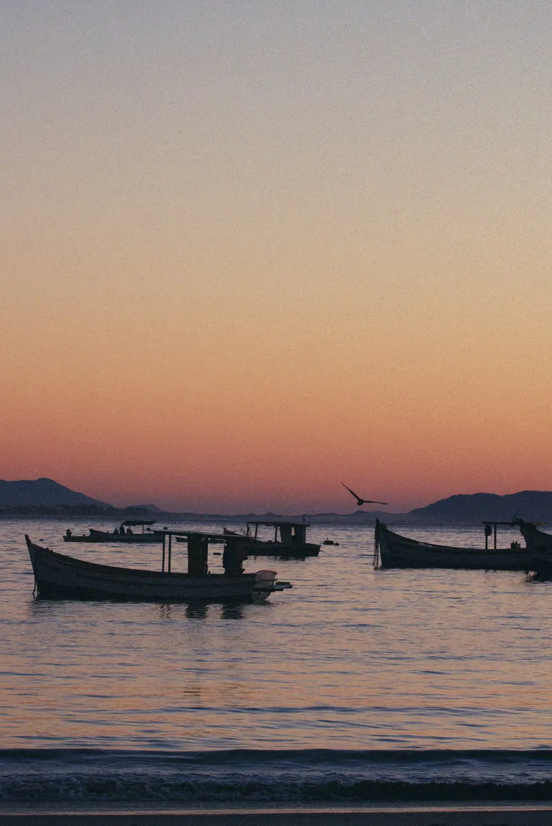 Barcos em silhueta ao entardecer na costa de Florianópolis